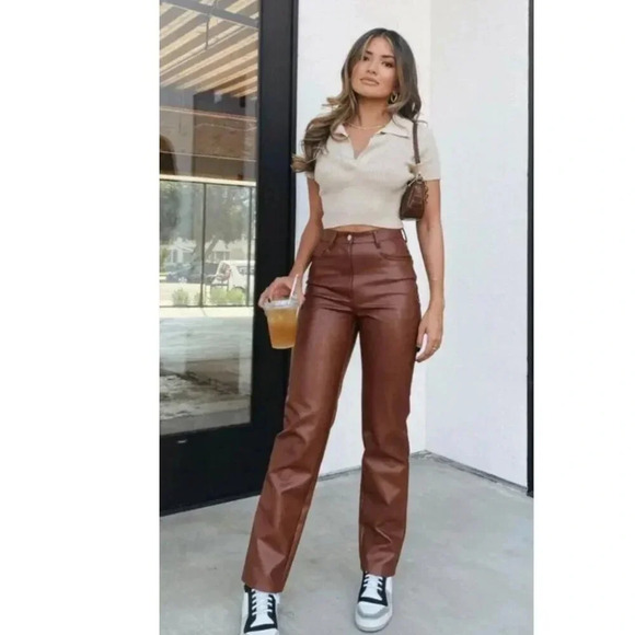 Aritzia Wilfred The Melina Pant High Waisted Vegan Leather Pants  Brown Size 4 - Picture 9 of 9